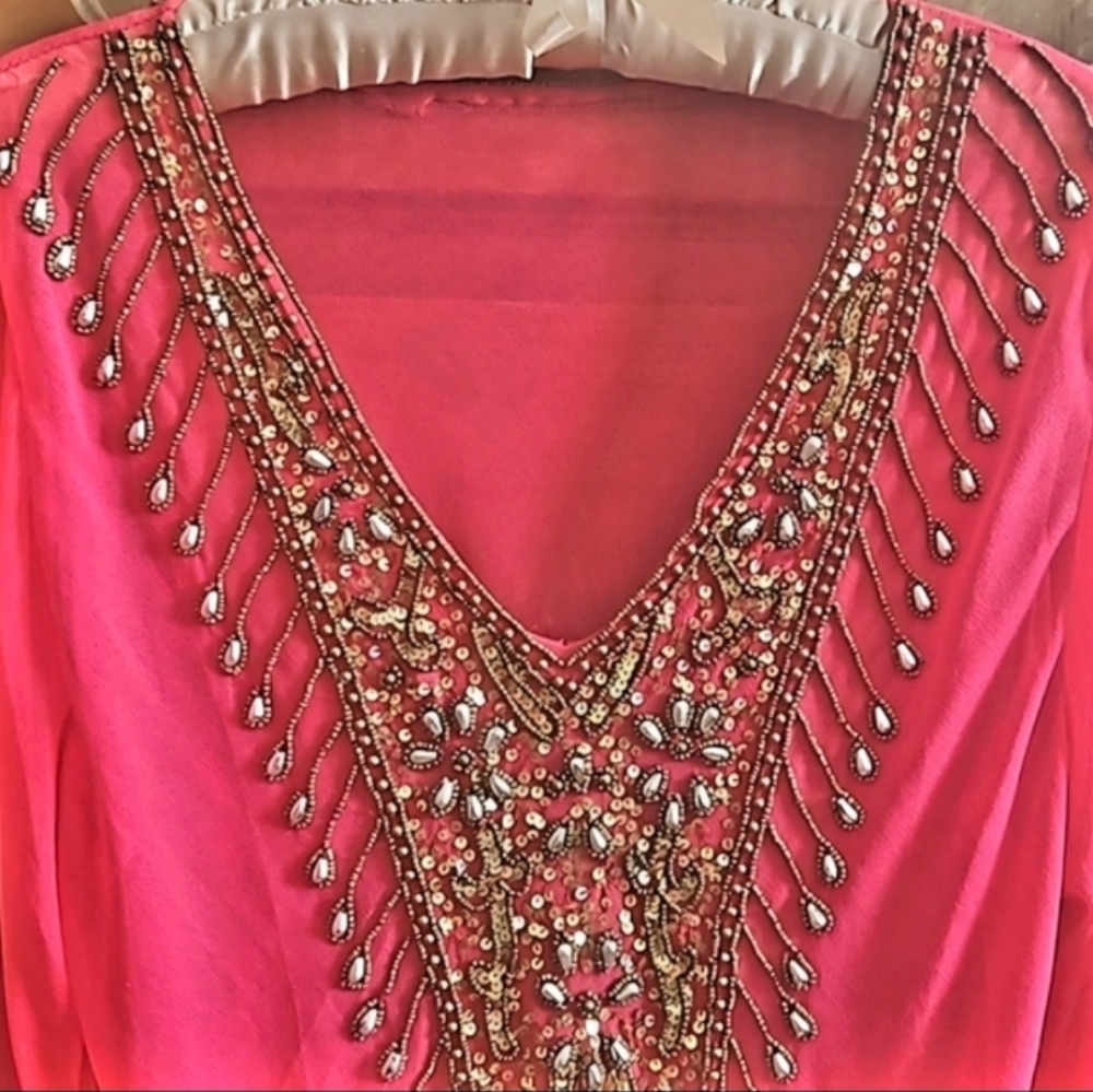 Formal Sequined beaded bright pink flared Sleeve A-line India Party blouse